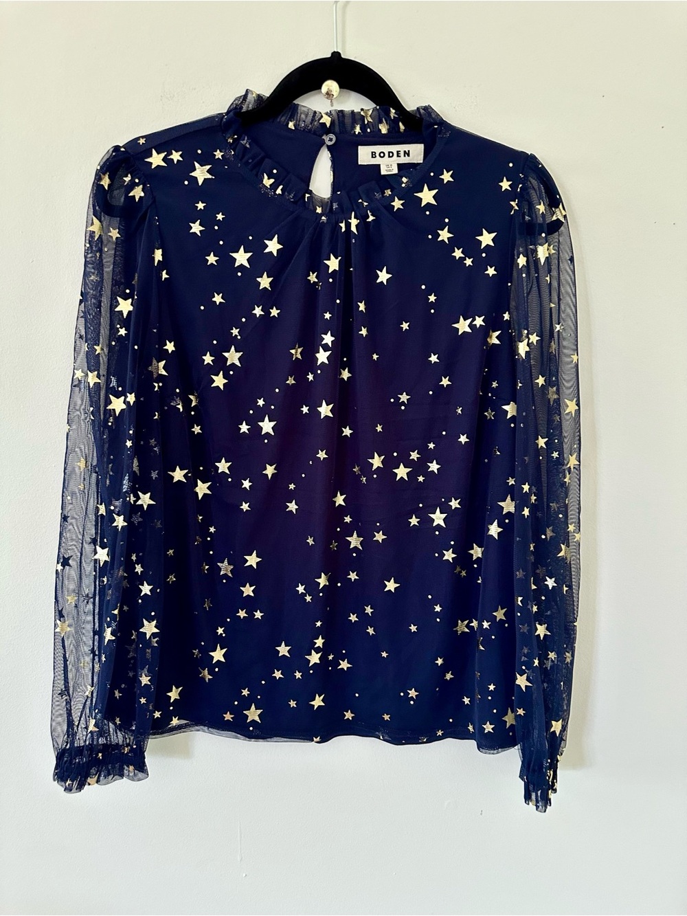Boden Navy Gold Star Mesh Blouse Sheer Sleeve Ruffle Neck Top US Size 8 - Picture 3 of 8